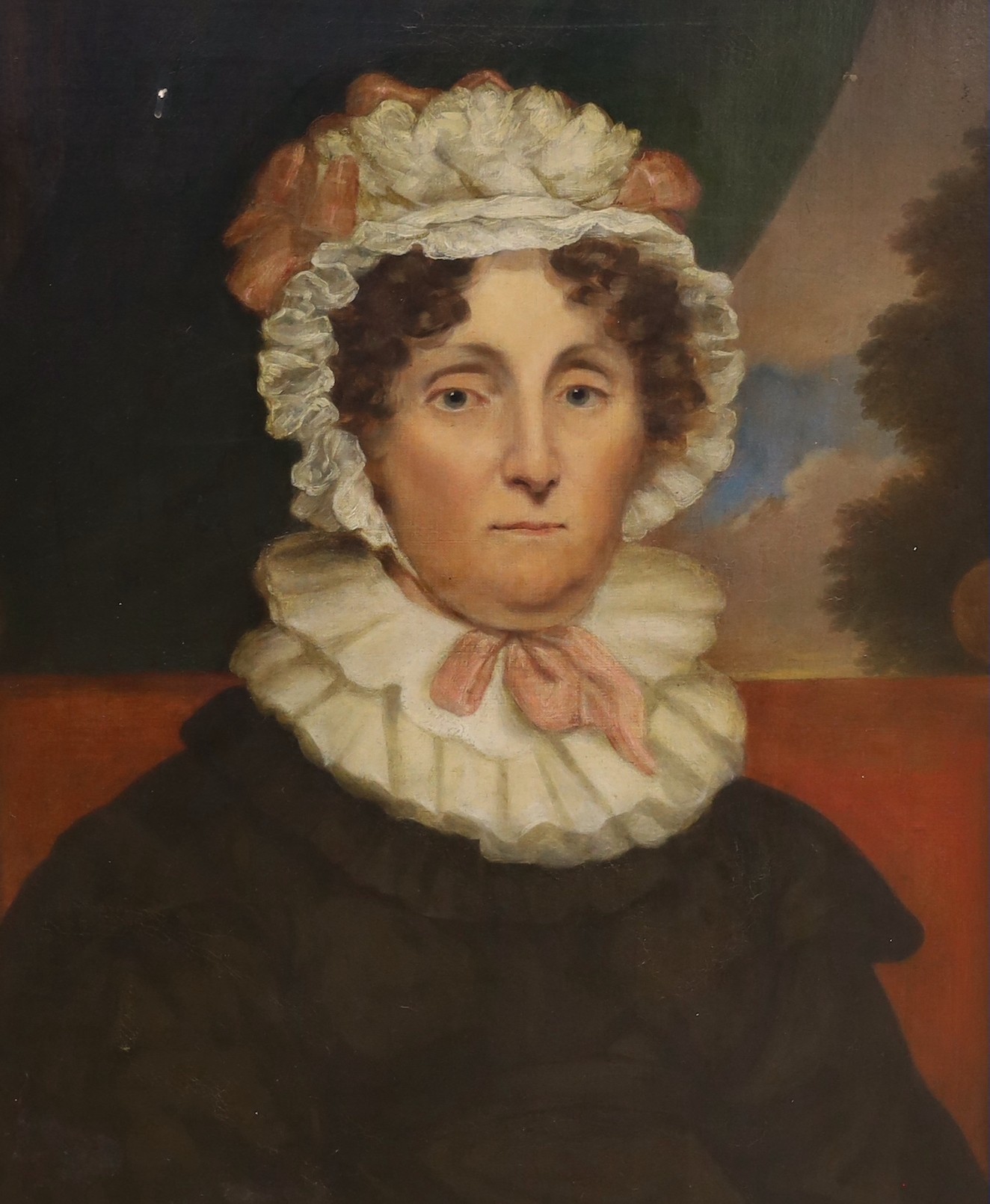English School c.1850, oil on canvas, Portrait of a lady wearing a bonnet, 59 x 49cm, ornate gilt scroll frame